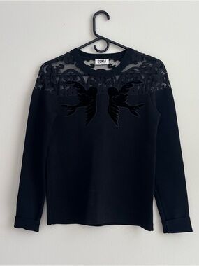 SONIA BY SONIA RYKIEL Black Lace Embroidered Top - Size S
